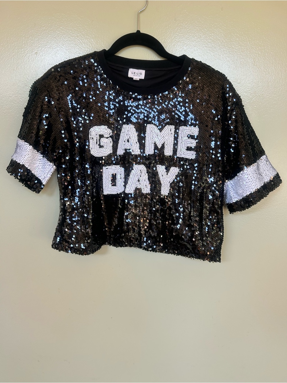 Le Lis Black Sequin 'GAME DAY' Short Sleeve Tee with White Accents
